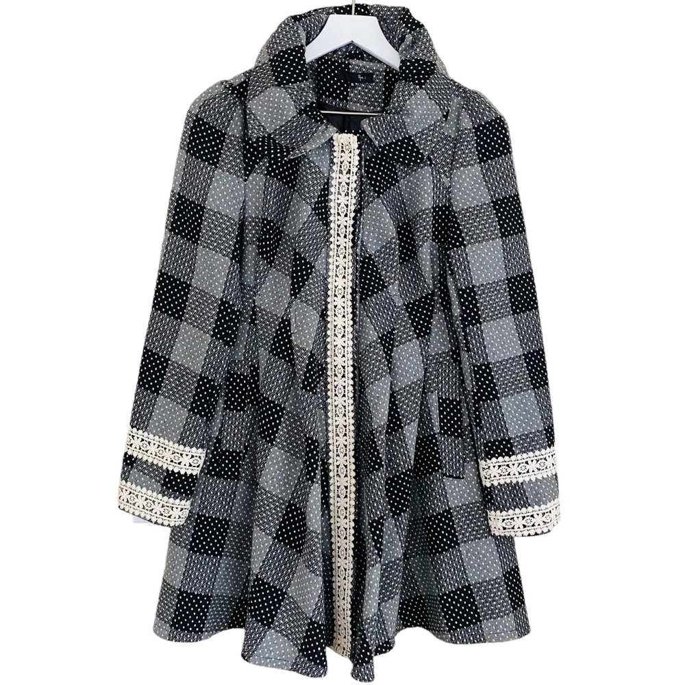 Anthropologie Ryu Black & White Polka Dot Plaid Skater Swing Jacket Size Small